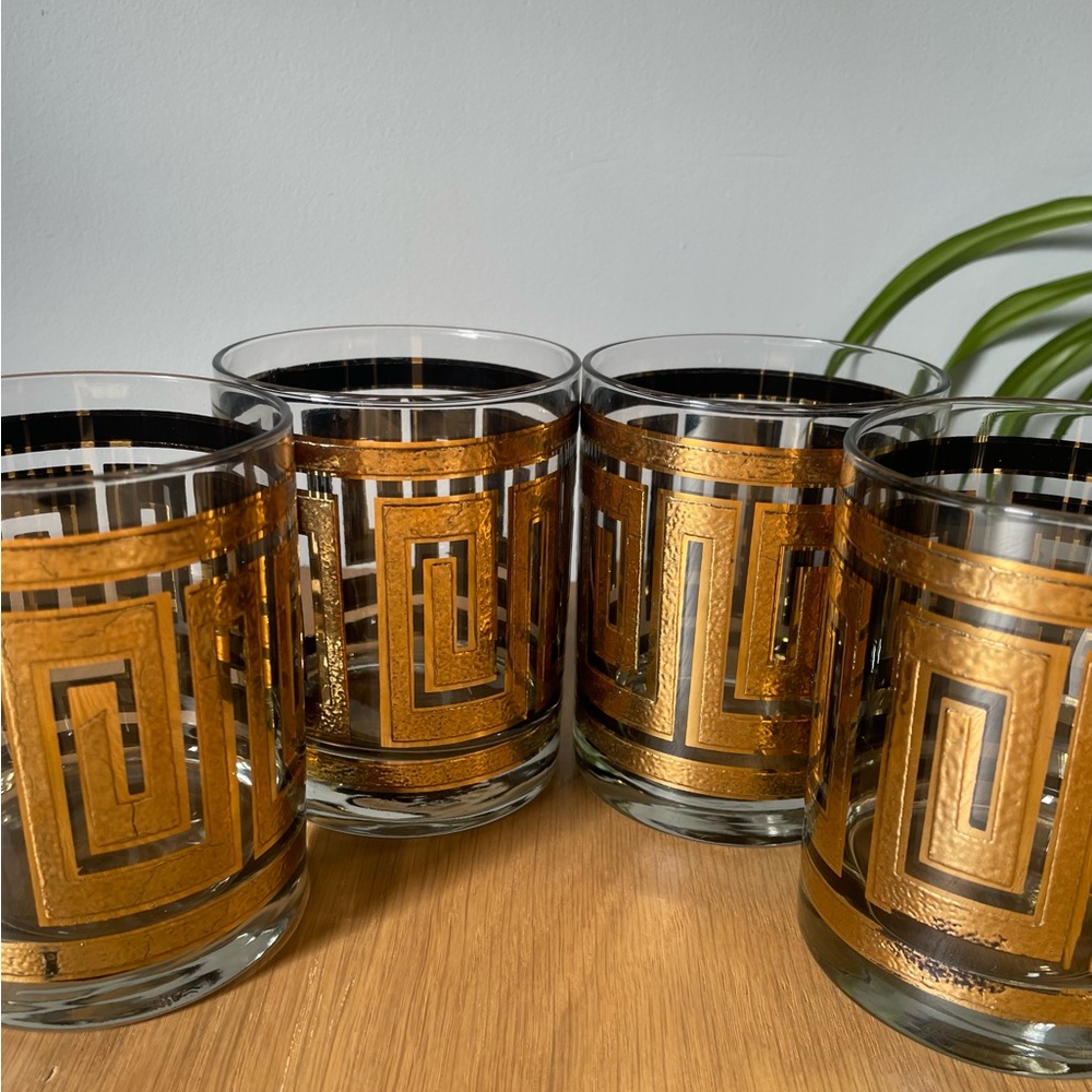 Vintage MCM Culver Whiskey Glasses 22K Gold Greek Key Pattern Set of 4 - Picture 2 of 10